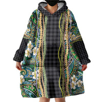 Hawaiian Art Flower Tribal with Lei Wearable Blanket Hoodie Palaka Pattern Black Color - Polynesian Pride