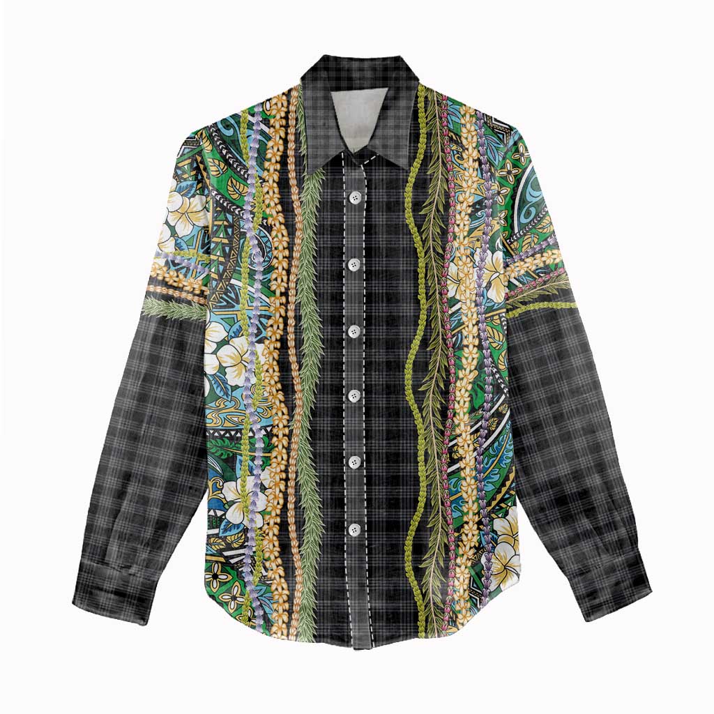 Hawaiian Art Flower Tribal with Lei Women Casual Shirt Palaka Pattern Black Color - Polynesian Pride
