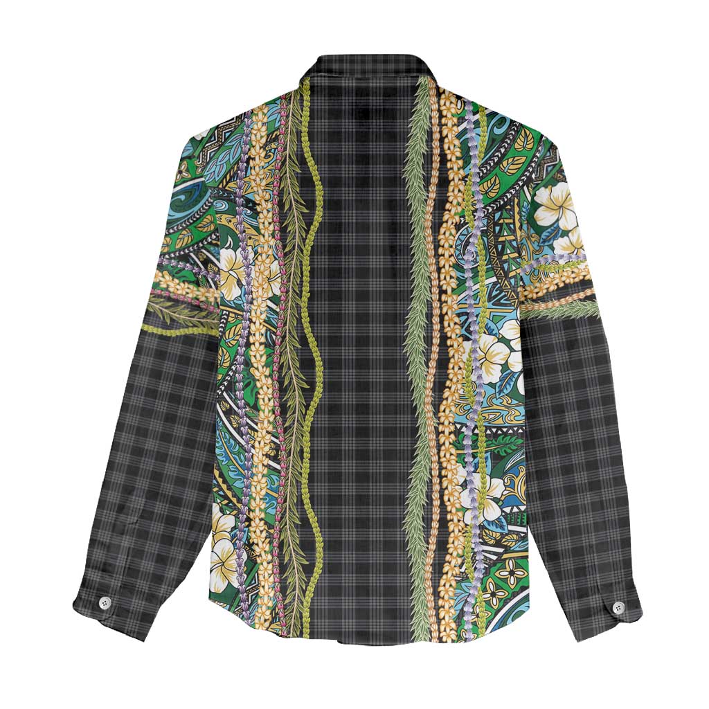 Hawaiian Art Flower Tribal with Lei Women Casual Shirt Palaka Pattern Black Color - Polynesian Pride