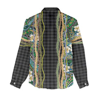 Hawaiian Art Flower Tribal with Lei Women Casual Shirt Palaka Pattern Black Color - Polynesian Pride