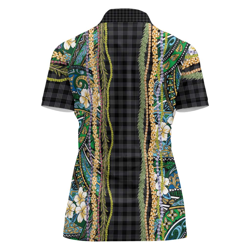 Hawaiian Art Flower Tribal with Lei Women Polo Shirt Palaka Pattern Black Color - Polynesian Pride