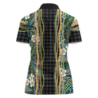 Hawaiian Art Flower Tribal with Lei Women Polo Shirt Palaka Pattern Black Color - Polynesian Pride