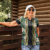 Hawaiian Art Flower Tribal with Lei Women Polo Shirt Palaka Pattern Black Color - Polynesian Pride