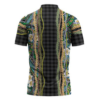Hawaiian Art Flower Tribal with Lei Zipper Polo Shirt Palaka Pattern Black Color - Polynesian Pride