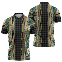 Hawaiian Art Flower Tribal with Lei Zipper Polo Shirt Palaka Pattern Black Color - Polynesian Pride