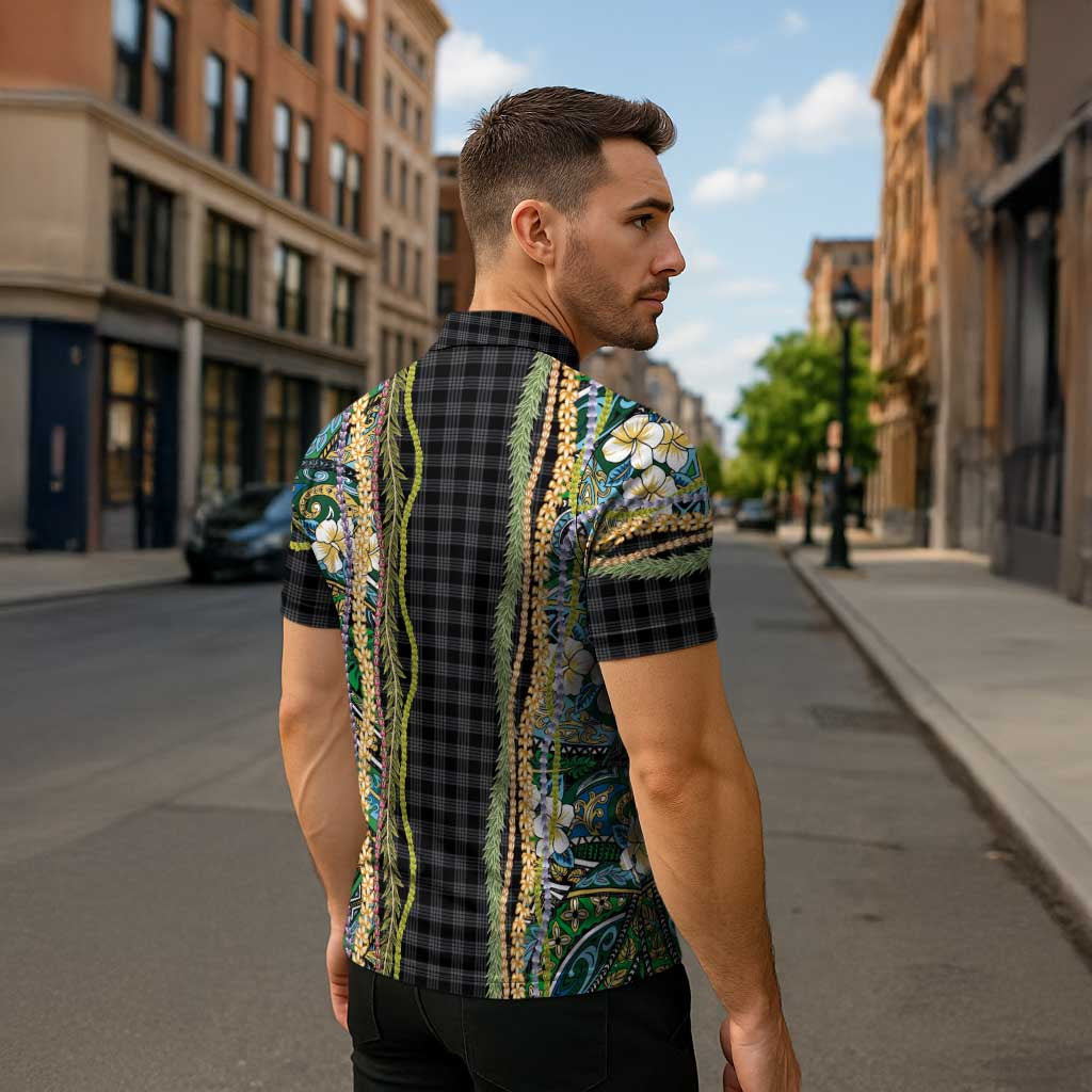 Hawaiian Art Flower Tribal with Lei Zipper Polo Shirt Palaka Pattern Black Color - Polynesian Pride