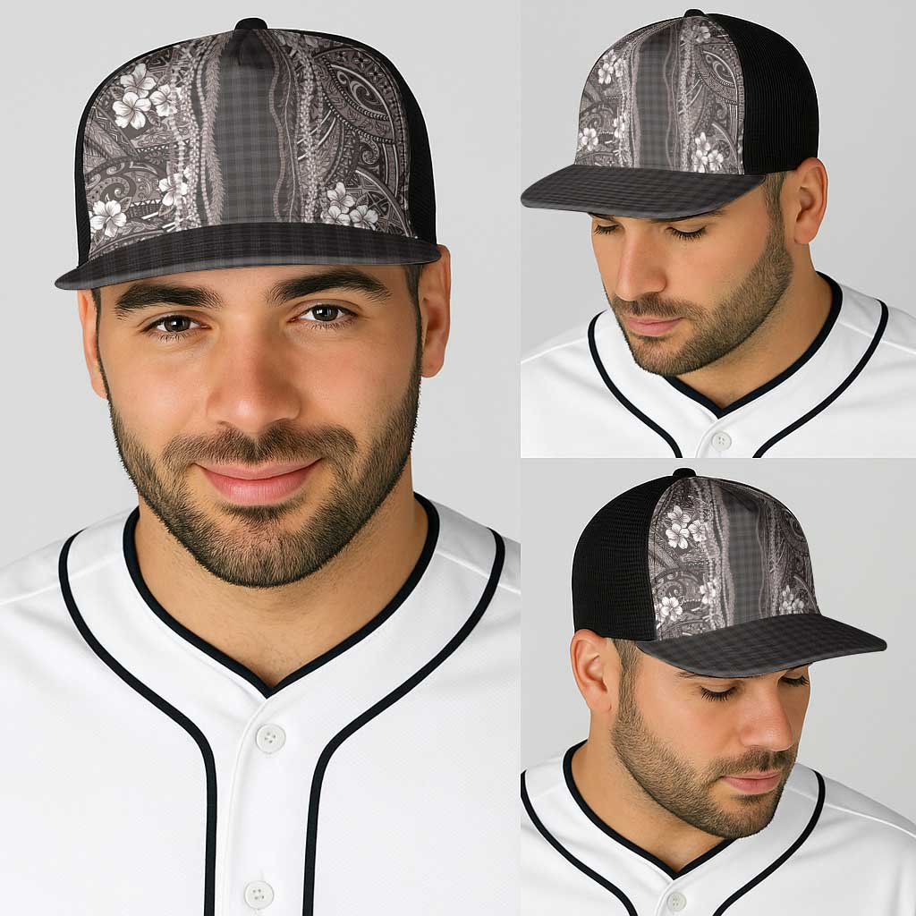 Hawaiian Art Flower Tribal with Lei Baseball Net Cap Palaka Pattern Grayscale - Polynesian Pride