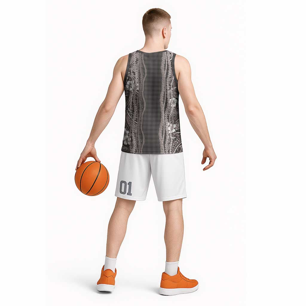 Hawaiian Art Flower Tribal with Lei Basketball Jersey Palaka Pattern Grayscale - Polynesian Pride