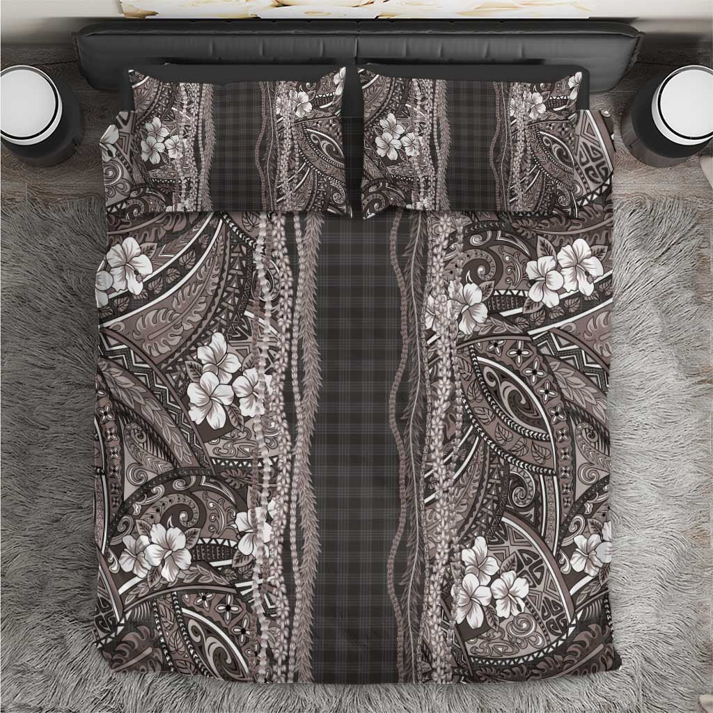Hawaiian Art Flower Tribal with Lei Bedding Set Palaka Pattern Grayscale LT03 Gray - Polynesian Pride