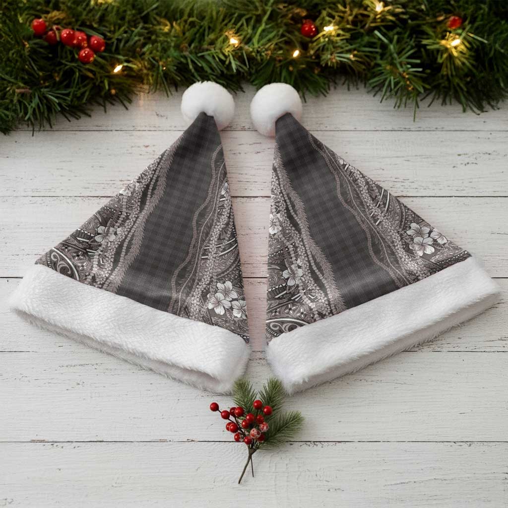 Hawaiian Art Flower Tribal with Lei Christmas Santa Hat Palaka Pattern Grayscale - Polynesian Pride