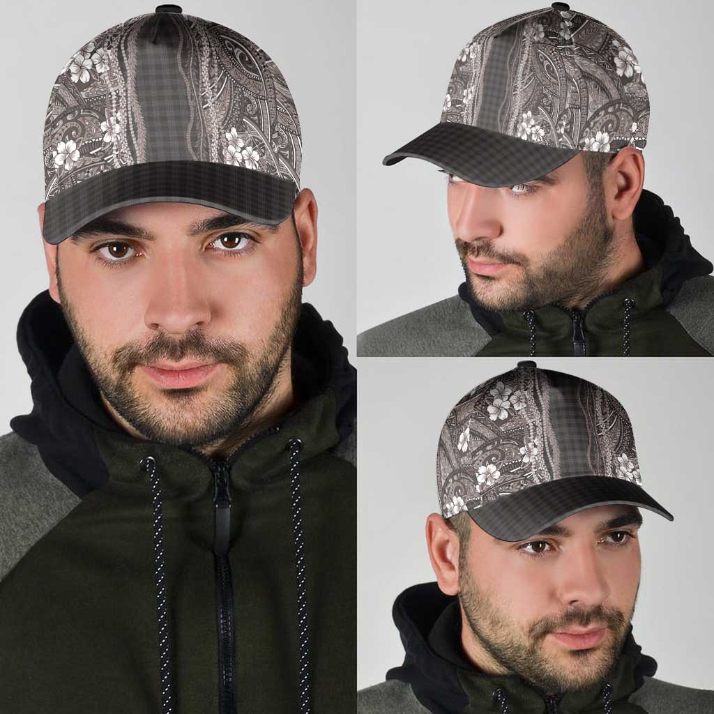 Hawaiian Art Flower Tribal with Lei Classic Cap Palaka Pattern Grayscale - Polynesian Pride