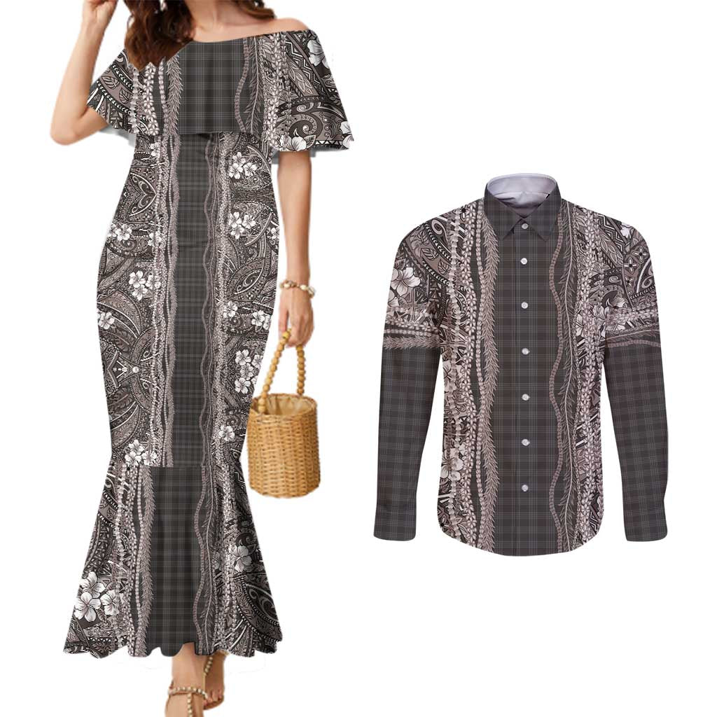 Hawaiian Art Flower Tribal with Lei Couples Matching Mermaid Dress and Long Sleeve Button Shirt Palaka Pattern Grayscale - Polynesian Pride