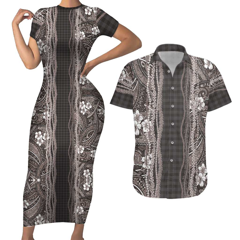 Hawaiian Art Flower Tribal with Lei Couples Matching Short Sleeve Bodycon Dress and Hawaiian Shirt Palaka Pattern Grayscale - Polynesian Pride
