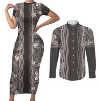 Hawaiian Art Flower Tribal with Lei Couples Matching Short Sleeve Bodycon Dress and Long Sleeve Button Shirt Palaka Pattern Grayscale - Polynesian Pride
