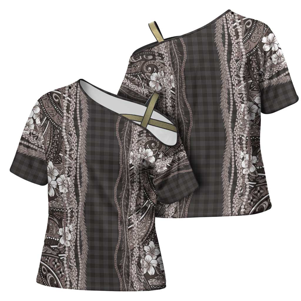 Hawaiian Art Flower Tribal with Lei Cross Shoulder Shirt Palaka Pattern Grayscale - Polynesian Pride