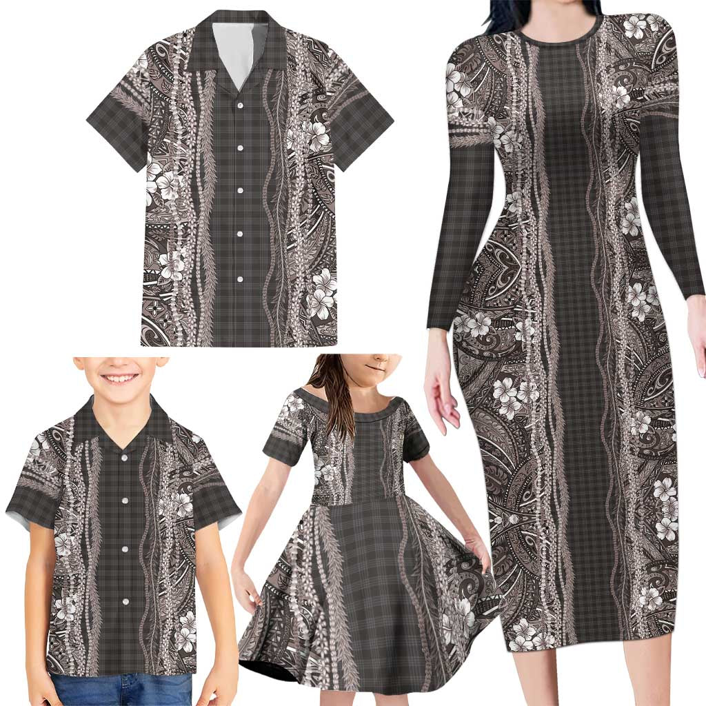 Hawaiian Art Flower Tribal with Lei Family Matching Long Sleeve Bodycon Dress and Hawaiian Shirt Palaka Pattern Grayscale LT03 - Polynesian Pride
