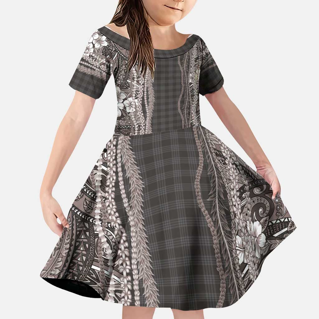 Hawaiian Art Flower Tribal with Lei Family Matching Mermaid Dress and Hawaiian Shirt Palaka Pattern Grayscale LT03 Daughter's Dress Gray - Polynesian Pride