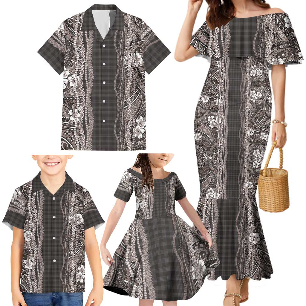 Hawaiian Art Flower Tribal with Lei Family Matching Mermaid Dress and Hawaiian Shirt Palaka Pattern Grayscale - Polynesian Pride