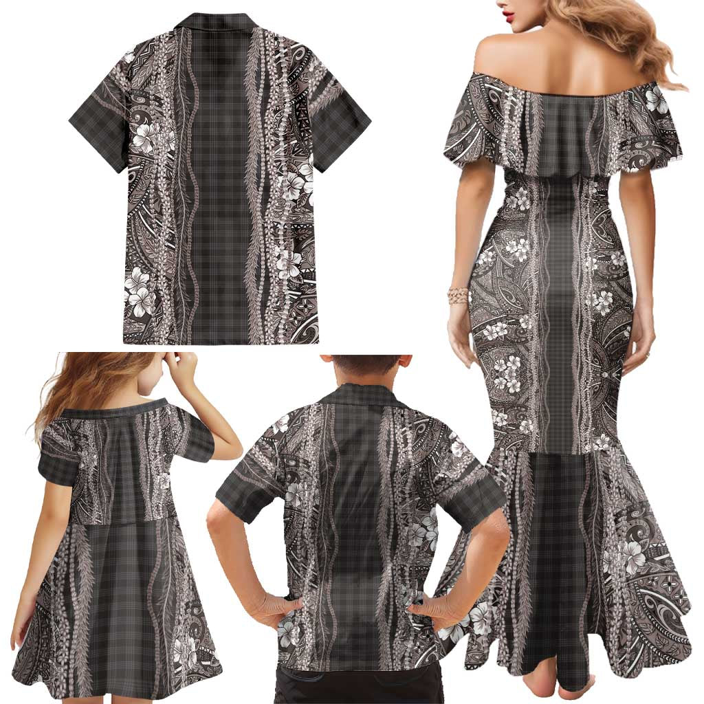 Hawaiian Art Flower Tribal with Lei Family Matching Mermaid Dress and Hawaiian Shirt Palaka Pattern Grayscale LT03 - Polynesian Pride