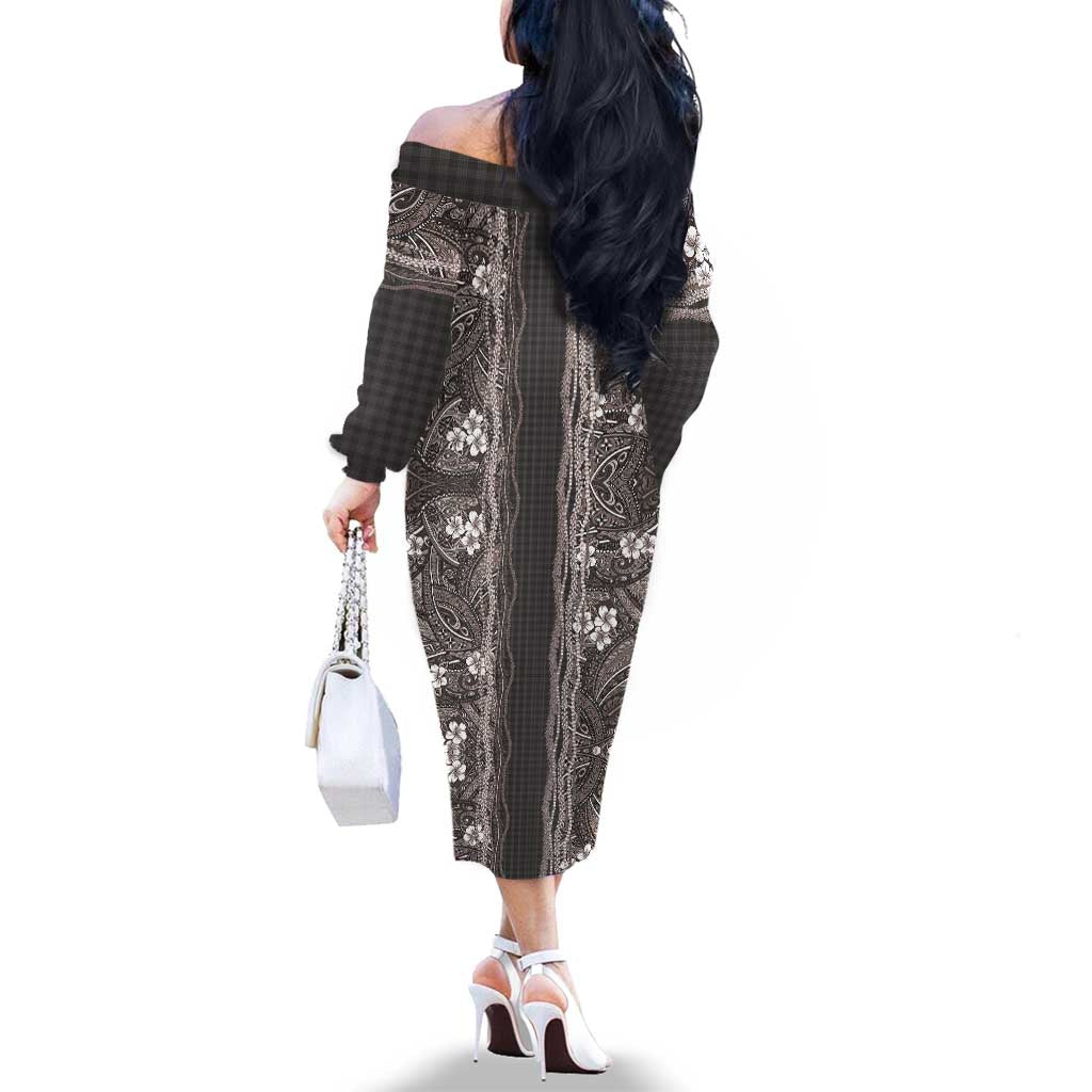 Hawaiian Art Flower Tribal with Lei Family Matching Off The Shoulder Long Sleeve Dress and Hawaiian Shirt Palaka Pattern Grayscale LT03 - Polynesian Pride
