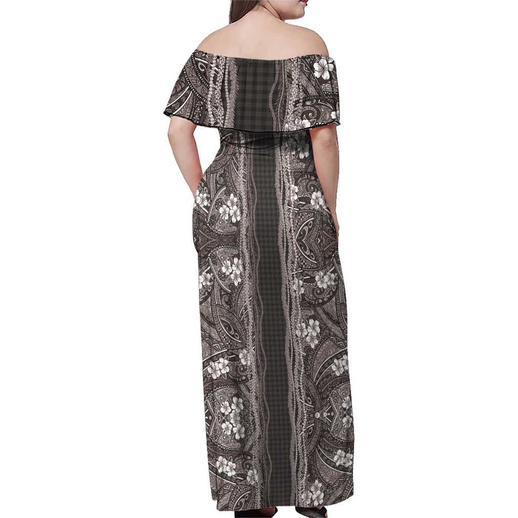 Hawaiian Art Flower Tribal with Lei Family Matching Off Shoulder Maxi Dress and Hawaiian Shirt Palaka Pattern Grayscale LT03 - Polynesian Pride