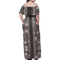 Hawaiian Art Flower Tribal with Lei Family Matching Off Shoulder Maxi Dress and Hawaiian Shirt Palaka Pattern Grayscale LT03 - Polynesian Pride