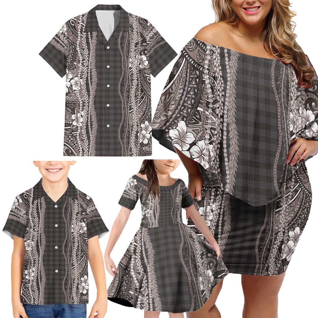 Hawaiian Art Flower Tribal with Lei Family Matching Off Shoulder Short Dress and Hawaiian Shirt Palaka Pattern Grayscale LT03 - Polynesian Pride