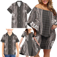 Hawaiian Art Flower Tribal with Lei Family Matching Off Shoulder Short Dress and Hawaiian Shirt Palaka Pattern Grayscale LT03 - Polynesian Pride