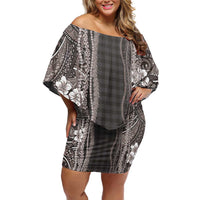 Hawaiian Art Flower Tribal with Lei Family Matching Off Shoulder Short Dress and Hawaiian Shirt Palaka Pattern Grayscale LT03 Mom's Dress Gray - Polynesian Pride