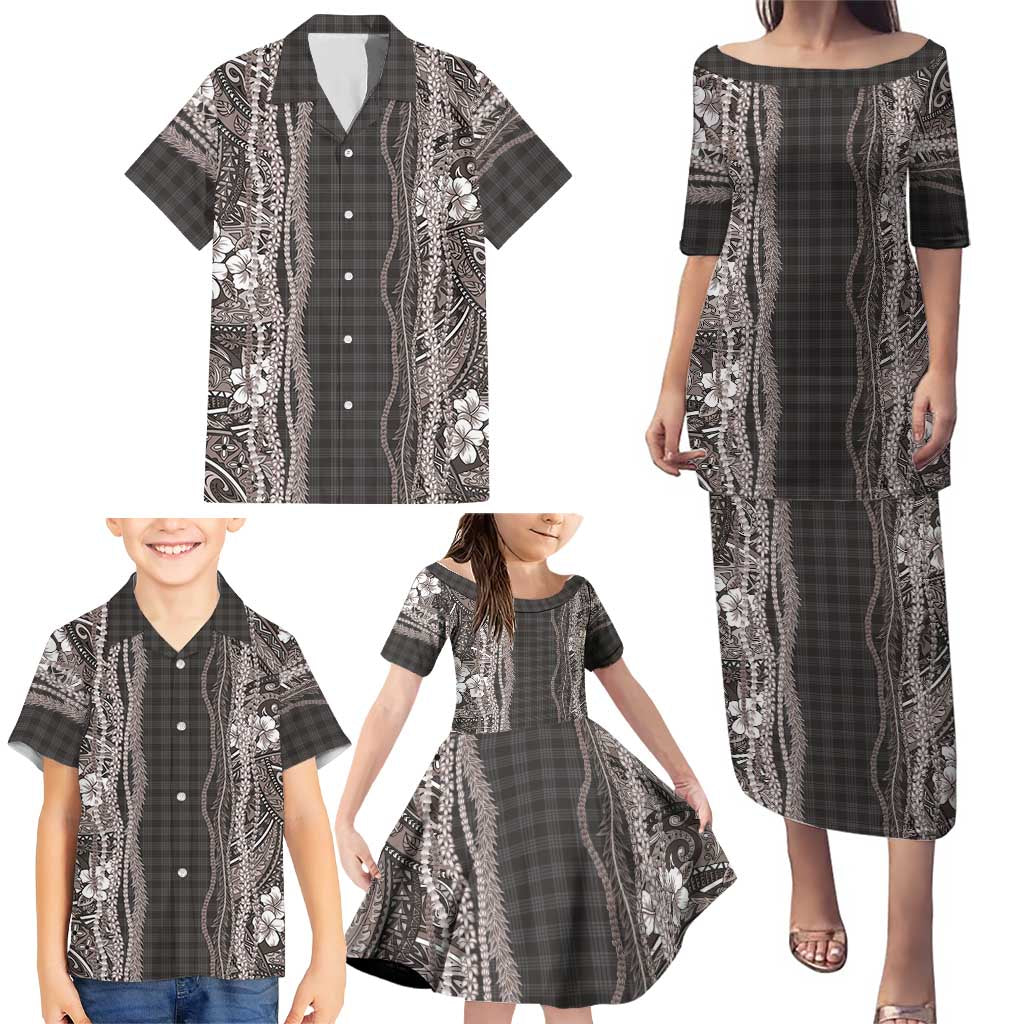 Hawaiian Art Flower Tribal with Lei Family Matching Puletasi and Hawaiian Shirt Palaka Pattern Grayscale LT03 - Polynesian Pride