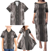 Hawaiian Art Flower Tribal with Lei Family Matching Puletasi and Hawaiian Shirt Palaka Pattern Grayscale - Polynesian Pride