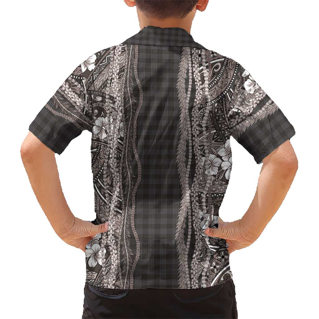 Hawaiian Art Flower Tribal with Lei Family Matching Short Sleeve Bodycon Dress and Hawaiian Shirt Palaka Pattern Grayscale LT03 - Polynesian Pride