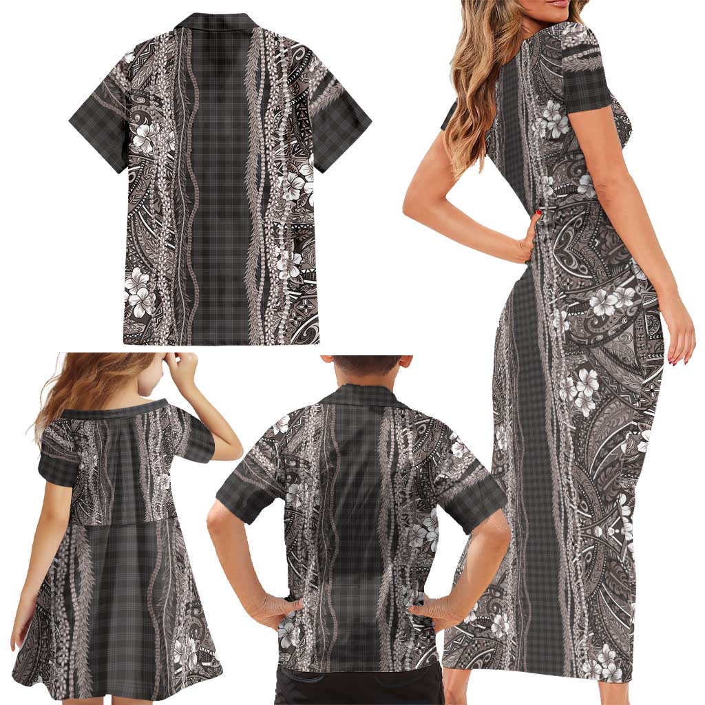Hawaiian Art Flower Tribal with Lei Family Matching Short Sleeve Bodycon Dress and Hawaiian Shirt Palaka Pattern Grayscale LT03 - Polynesian Pride
