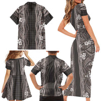 Hawaiian Art Flower Tribal with Lei Family Matching Short Sleeve Bodycon Dress and Hawaiian Shirt Palaka Pattern Grayscale LT03 - Polynesian Pride