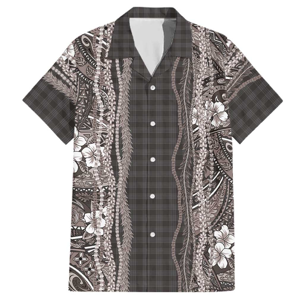 Hawaiian Art Flower Tribal with Lei Family Matching Summer Maxi Dress and Hawaiian Shirt Palaka Pattern Grayscale LT03 Dad's Shirt - Short Sleeve Gray - Polynesian Pride