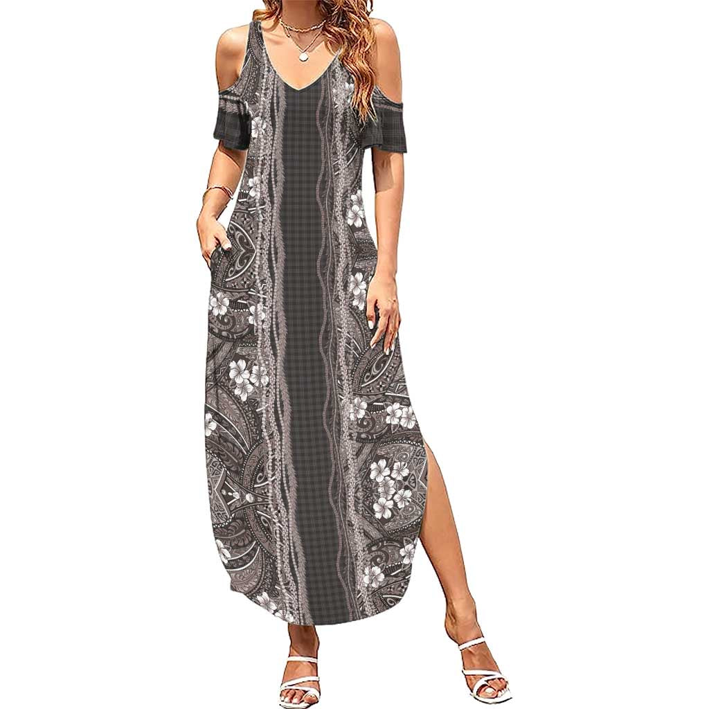 Hawaiian Art Flower Tribal with Lei Family Matching Summer Maxi Dress and Hawaiian Shirt Palaka Pattern Grayscale LT03 Mom's Dress Gray - Polynesian Pride