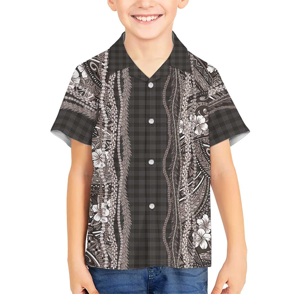 Hawaiian Art Flower Tribal with Lei Family Matching Summer Maxi Dress and Hawaiian Shirt Palaka Pattern Grayscale LT03 Son's Shirt Gray - Polynesian Pride
