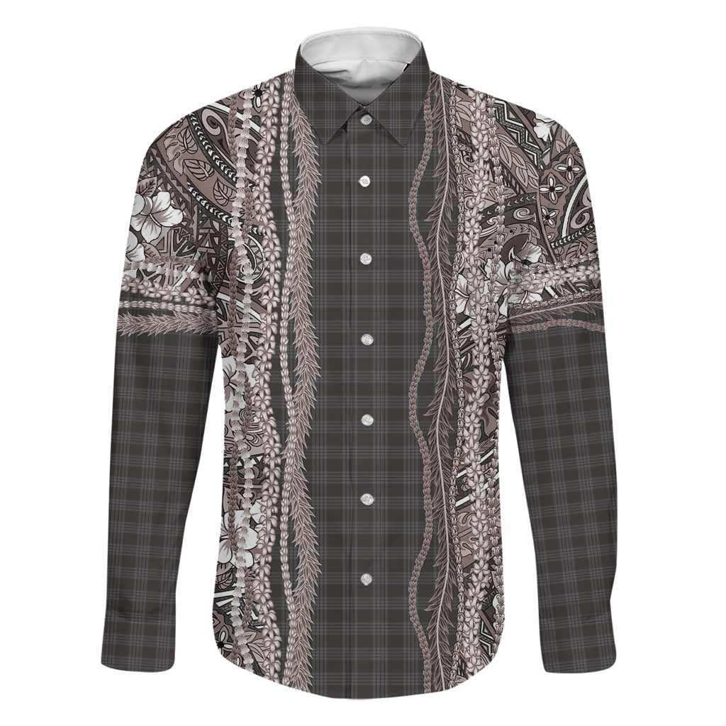 Hawaiian Art Flower Tribal with Lei Family Matching Tank Maxi Dress and Hawaiian Shirt Palaka Pattern Grayscale LT03 Dad's Shirt - Long Sleeve Gray - Polynesian Pride