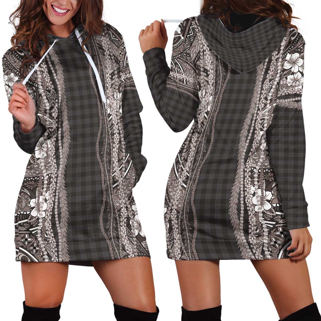 Hawaiian Art Flower Tribal with Lei Hoodie Dress Palaka Pattern Grayscale - Polynesian Pride