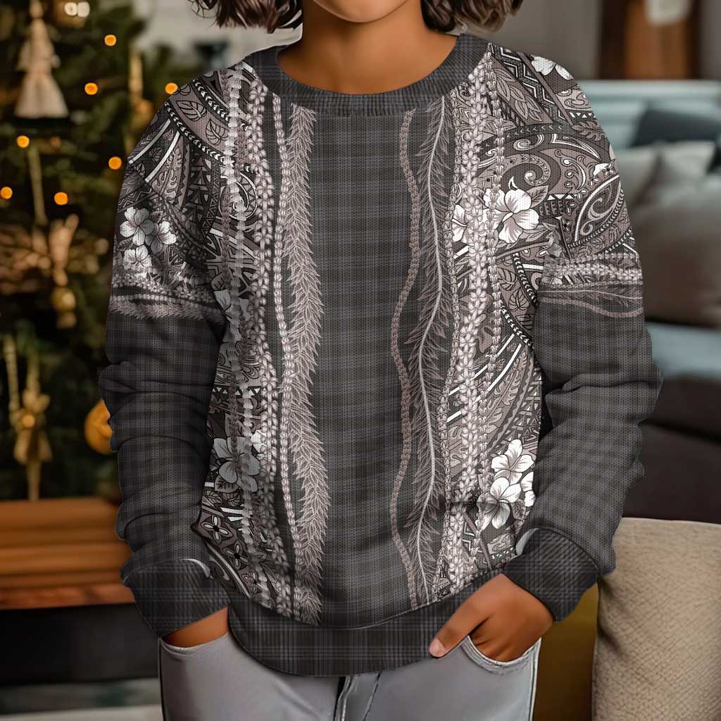 Hawaiian Art Flower Tribal with Lei Kid Ugly Christmas Sweater Palaka Pattern Grayscale - Polynesian Pride