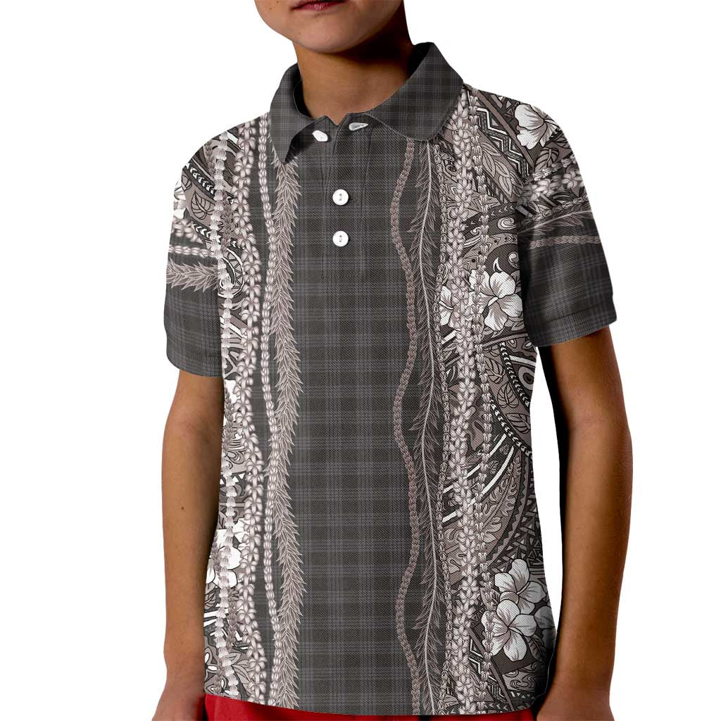 Hawaiian Art Flower Tribal with Lei Kid Polo Shirt Palaka Pattern Grayscale - Polynesian Pride