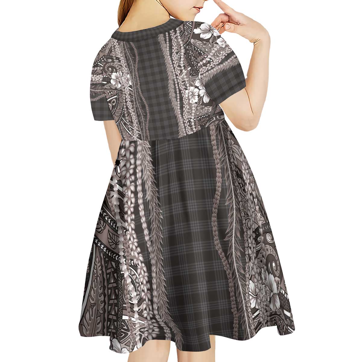Hawaiian Art Flower Tribal with Lei Kid Short Sleeve Dress Palaka Pattern Grayscale - Polynesian Pride