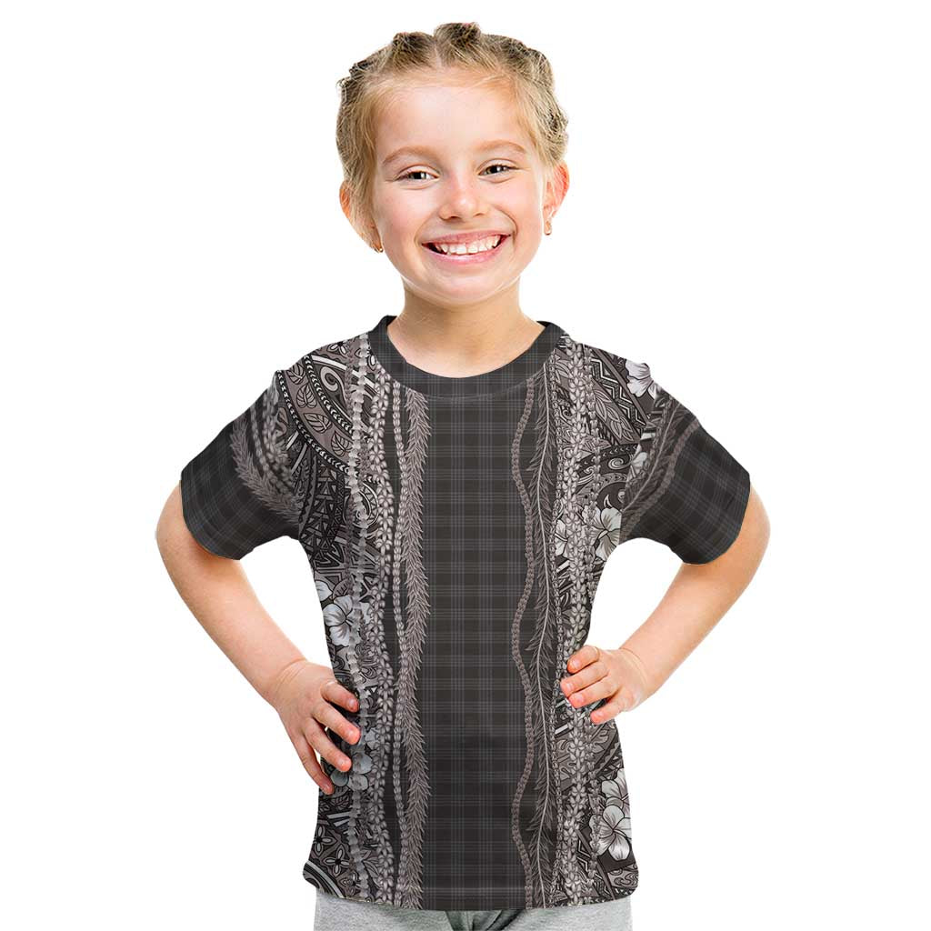 Hawaiian Art Flower Tribal with Lei Kid T Shirt Palaka Pattern Grayscale - Polynesian Pride