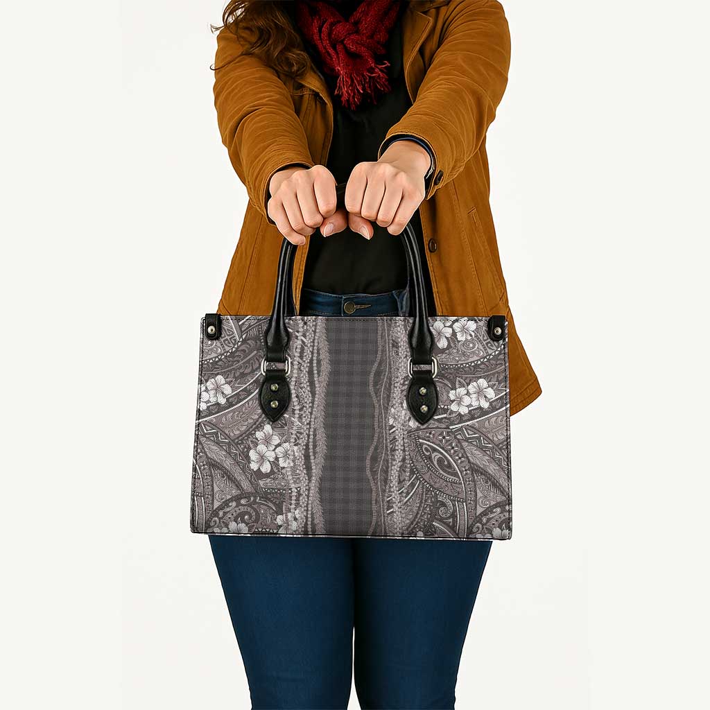 Hawaiian Art Flower Tribal with Lei Leather Bag Palaka Pattern Grayscale - Polynesian Pride