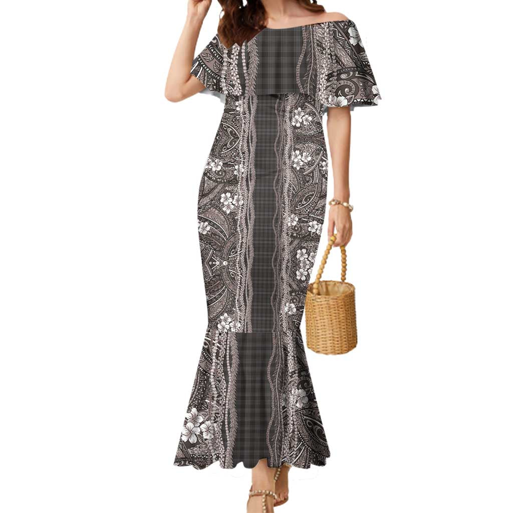 Hawaiian Art Flower Tribal with Lei Mermaid Dress Palaka Pattern Grayscale LT03 Women Gray - Polynesian Pride