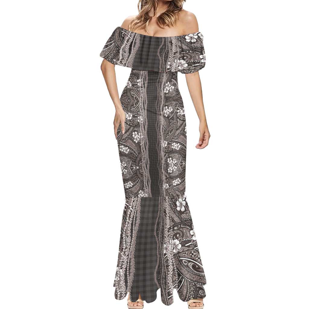 Hawaiian Art Flower Tribal with Lei Mermaid Dress Palaka Pattern Grayscale LT03 - Polynesian Pride