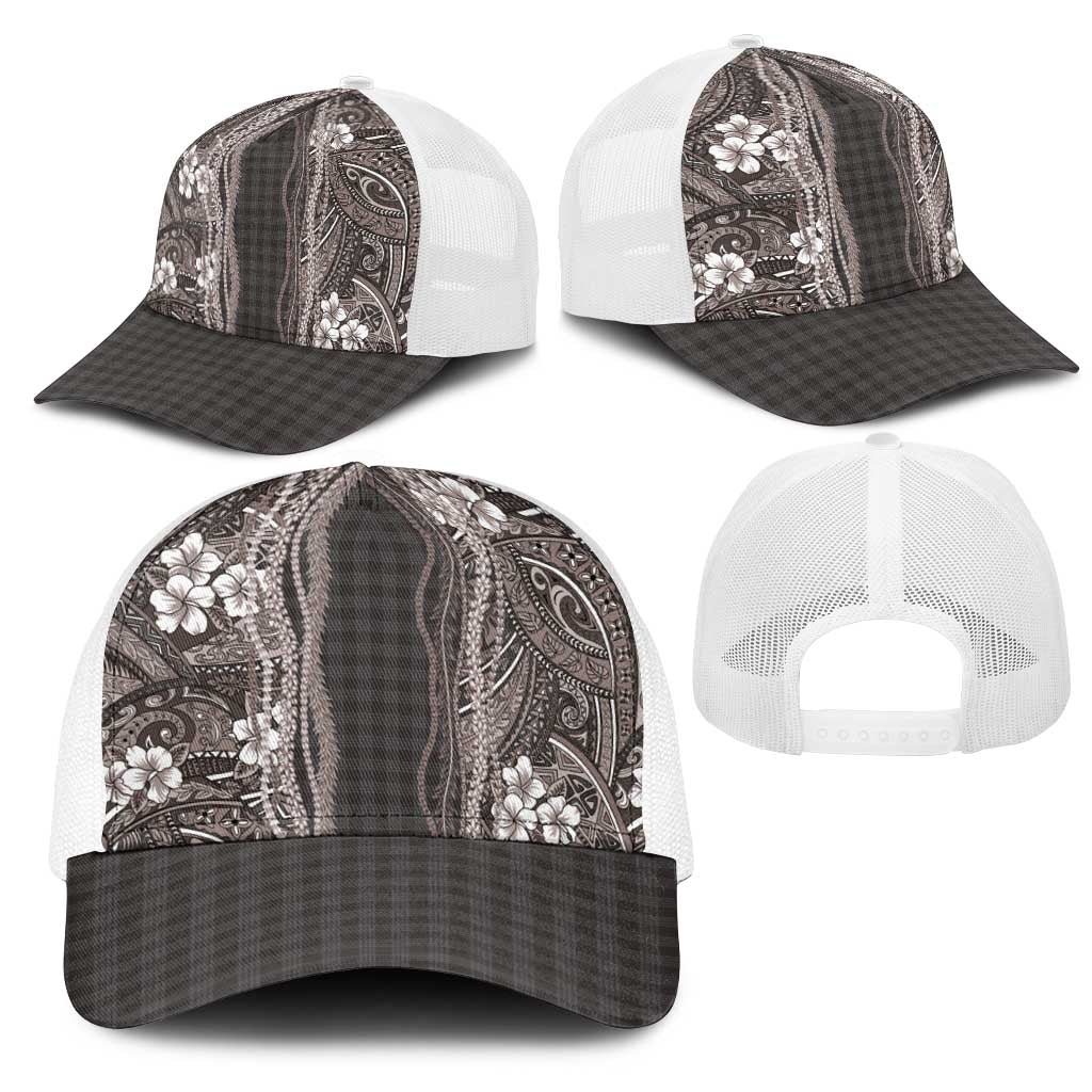 Hawaiian Art Flower Tribal with Lei Mesh Trucker Cap Palaka Pattern Grayscale - Polynesian Pride