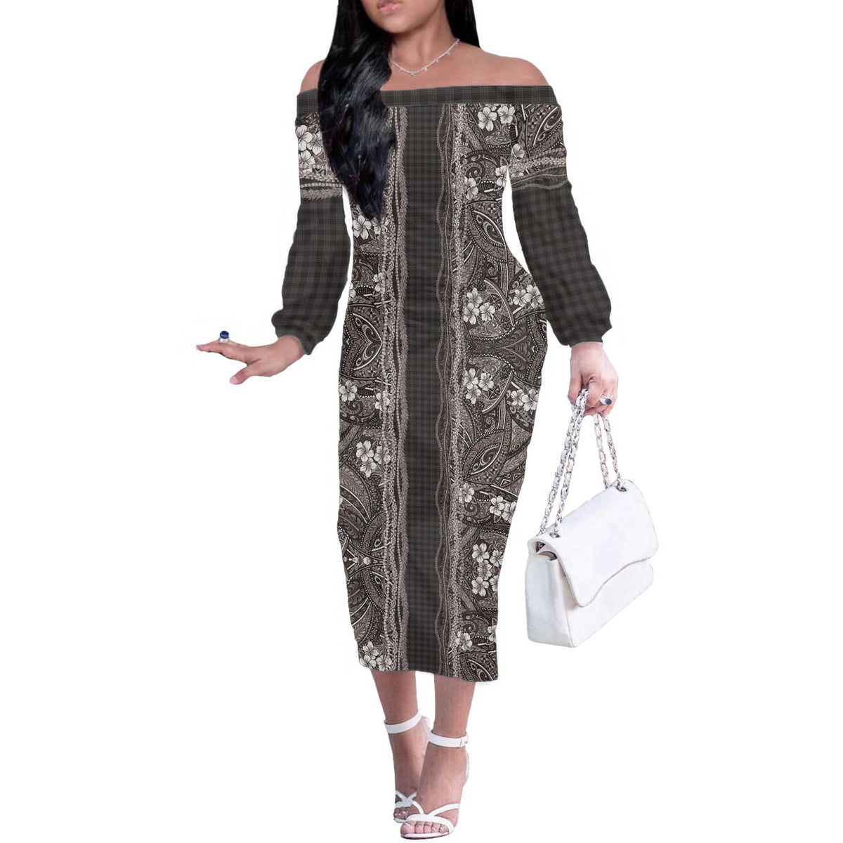 Hawaiian Art Flower Tribal with Lei Off The Shoulder Long Sleeve Dress Palaka Pattern Grayscale - Polynesian Pride