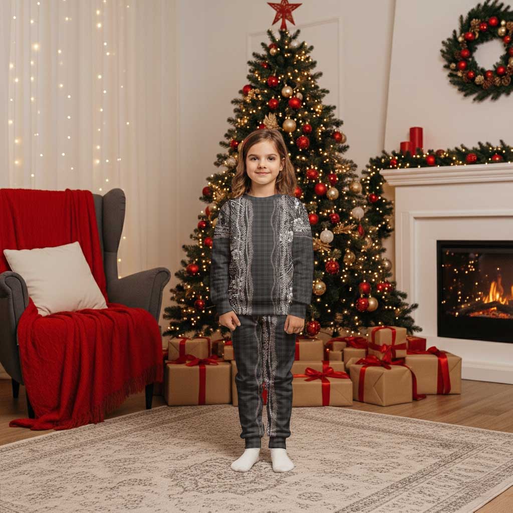 Hawaiian Art Flower Tribal with Lei Christmas Pajama Set Palaka Pattern Grayscale - Polynesian Pride