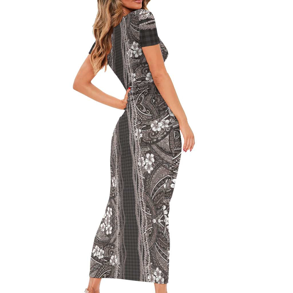 Hawaiian Art Flower Tribal with Lei Short Sleeve Bodycon Dress Palaka Pattern Grayscale - Polynesian Pride